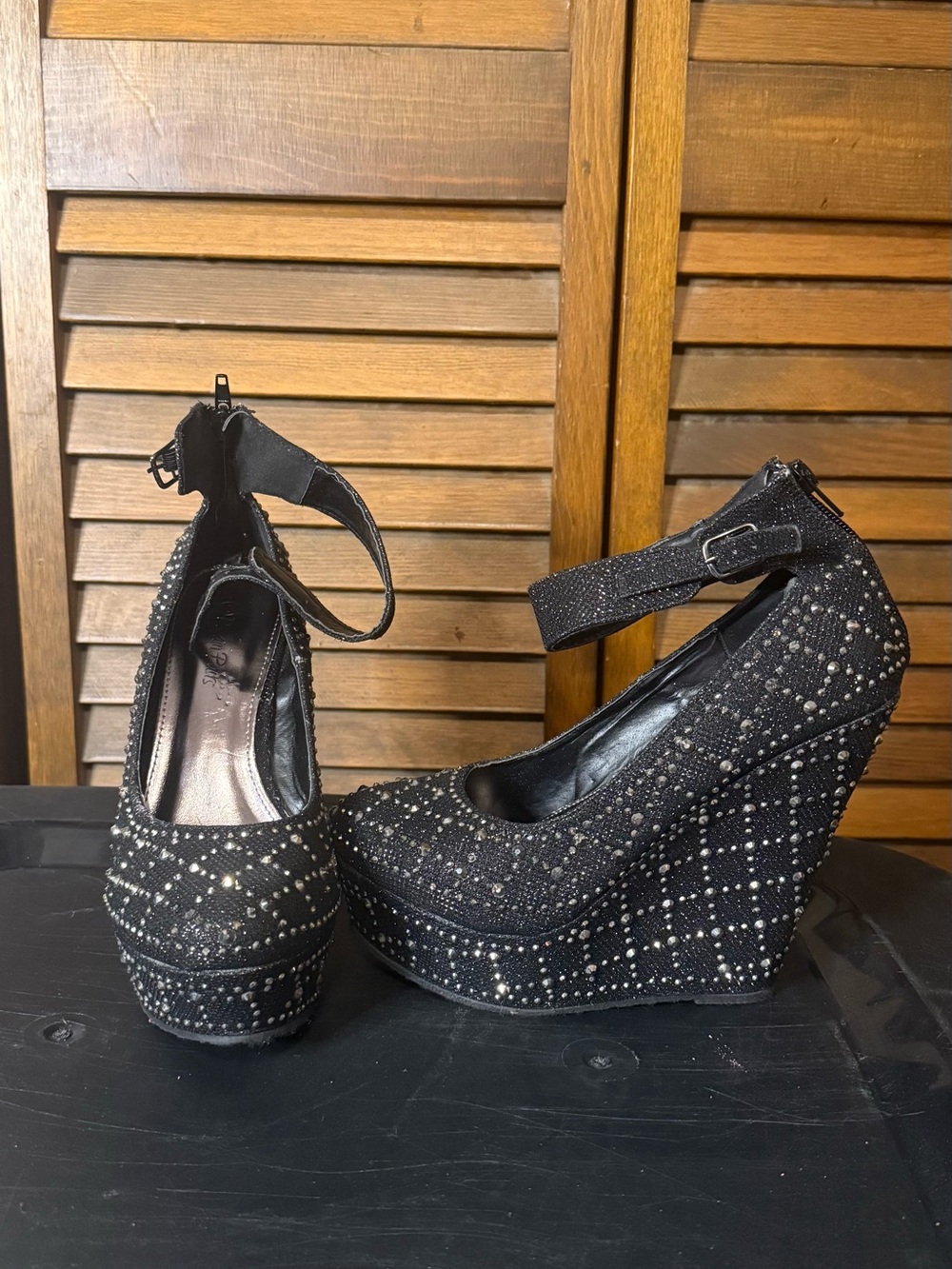 Dream Pairs Black Rhinestone Ankle-Strap Wedge Heels